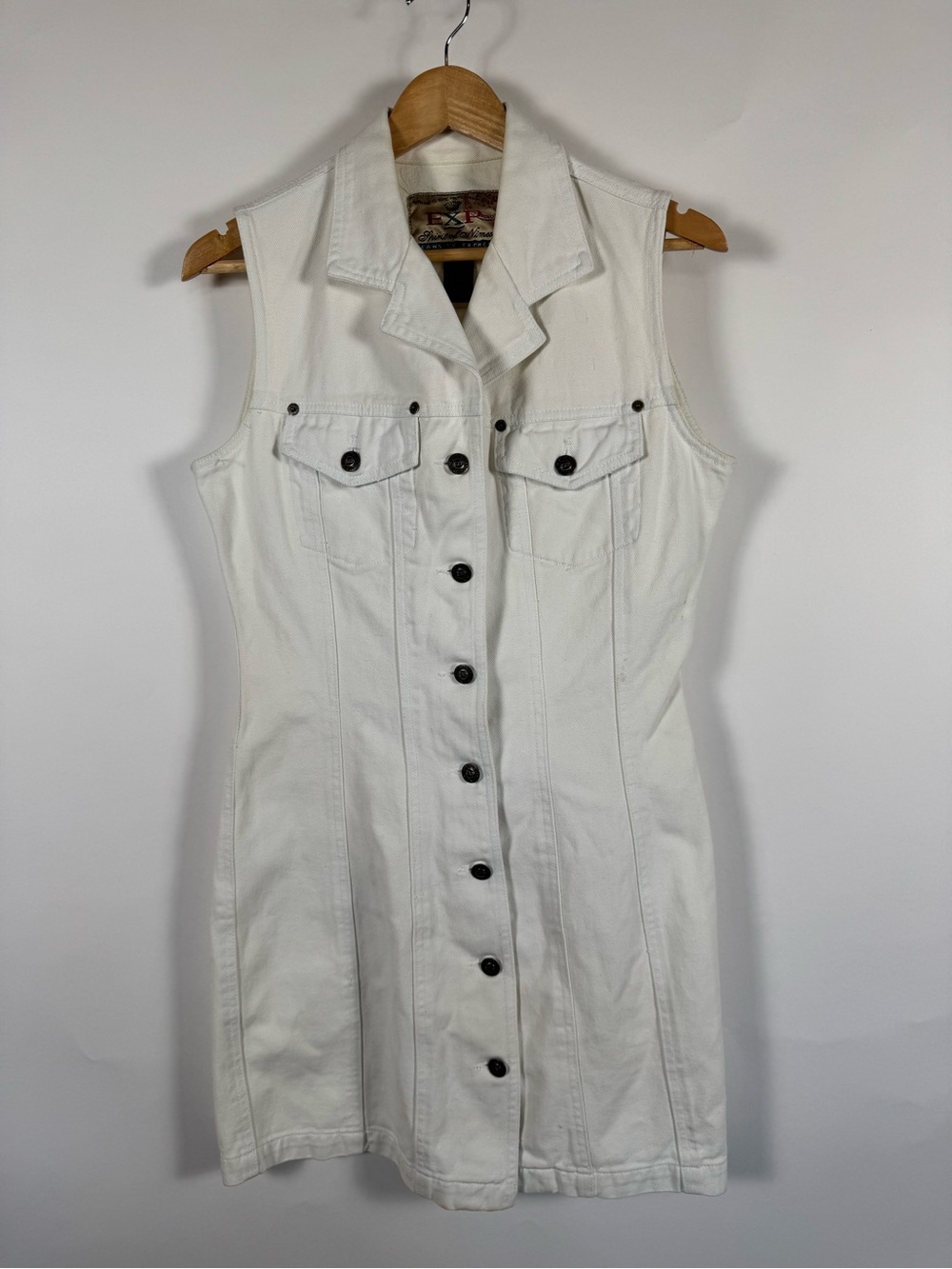 Vintage EXP by Express White Denim Button Front Mini Dress LARGE 90's Y2K Rocker
